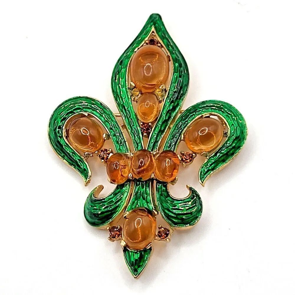 Vintage Crown Trifari L’Orient Green Enamel Amber Cabochon Fleur de Lis Pin 3in